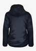 A women's jacket in navy blue, featuring a hood and a smooth, padded exterior. It has a logo on the back.