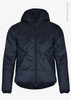 A navy blue men's jacket featuring a hood, zip closure, and two side pockets. It has a logo on the design.