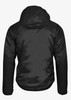 A black jacket with a hood, featuring a sleek, shiny finish and a branding logo on the back.