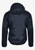 A navy blue Aspen Men Jacket featuring a hood and a smooth, shiny exterior, with a logo on the back.