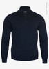 A navy 1/4-zip men's knitwear top made from organic cotton, featuring a collar and long sleeves. It has a logo.