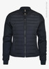 A dark blue women's jacket with a quilted front, long sleeves, and a zip closure. Features branded detailing.