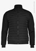 A black jacket featuring a quilted design, zip closure, and stand collar, made from recycled polyester.