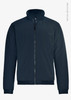 A navy blue men's jacket with a zip front and a high collar, featuring a logo on the side.