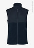 A dark navy unisex vest with a high collar and zippered front, featuring a logo on the lower hem.