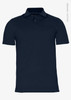 A navy polo shirt made from organic cotton, featuring a collar and short sleeves, with a logo present.