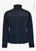 A navy blue jacket with a high collar and zip front, made from recycled polyester, featuring a logo.