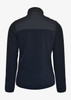 A women's jacket in navy featuring a high collar and a sleek design. The back is predominantly dark blue and has a logo.