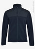A navy jacket with a high collar and full zip, featuring a contrasting panel. It has a logo on the front.