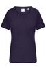 A navy ladies T-shirt with a ribbed crew neckline and short sleeves, featuring a branding label inside.