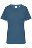 A ladies' t-shirt in a teal blue colour with a round neckline and short sleeves. It features a brand logo.