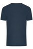 A navy blue men's T-shirt with a ribbed neckline and short sleeves, featuring a logo on the back.
