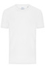 A white men's T-shirt with a round neck and short sleeves, featuring a branding logo.