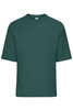 An oversized dark green t-shirt featuring a loose fit and short sleeves. It has a brand logo on the label.