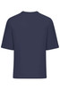 An oversized navy T-shirt with short sleeves and a round neckline. The back view shows a plain design without graphics.