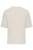 An oversized beige T-shirt with short sleeves and a round neckline, featuring a logo on the back.