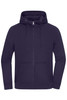 An oversized hooded jacket in navy blue with a zip front and pockets. It features a drawstring hood and a logo.