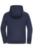 An oversized hooded jacket in navy blue, viewed from the back, featuring a simple design and a logo.