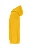 A yellow oversized hooded jacket displayed from the side, featuring a hood and front pocket. It has a logo on it.