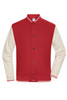 A red and cream college jacket with a ribbed collar, buttons, and side pockets. It features a logo on the label.