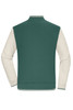 A varsity jacket featuring a green body with cream sleeves and a striped collar, complete with a logo.