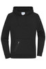 A black hooded jumper featuring a front pocket and a logo on the sleeve. Perfect for casual wear.