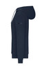 A navy ladies hoodie with a zipped pocket on the sleeve and a drawstring hood. It features a logo on the design.