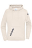 A beige ladies hoodie with a front pocket and a zip detail, featuring a logo on one sleeve.