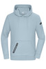 A light blue men's hoodie with a drawstring hood and a zippered pocket on the front, featuring a logo on the sleeve.