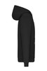 A black men's hoodie with a hood and a zipped pocket on the side. It features a smooth fabric finish and a minimalist design.