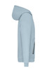 A light blue men's hoodie with a side view, featuring a front pocket and a hood. It has a logo on it.