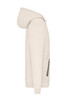 A beige interlock men's hoodie with a kangaroo pocket and a hood, featuring a branding logo.