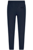 Navy interlock men's pants with an elastic waistband and a back pocket. Features a branding logo.
