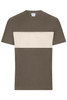 A colour-block T-shirt in olive green with a beige horizontal stripe across the chest. It has a logo on the label.