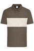 A brown polo shirt featuring a horizontal cream colour block and a collar. It has a logo on the chest.