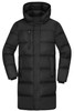 A black ladies' winter long coat with a hood and puffer design, featuring front pockets and a zip closure.