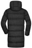 A black puffer jacket with a long design and a hood, featuring horizontal stitching and a logo.