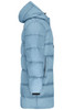 A men's long puffer jacket in a light blue colour with a hood and side zippers. Features a logo on the chest.