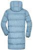 A light blue men's winter long puffer coat featuring a hood and a sleek, padded design. It has a logo on the back.