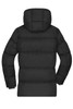 A black puffer jacket with a hood, featuring a quilted design and long sleeves. It has a logo on the back.