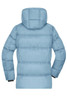 A light blue puffer jacket featuring a hood and quilted design, with a logo visible on the back.