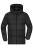 A black puffer jacket for men, featuring a hood, zip closure, and front pockets. It has a branding logo on it.