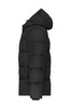 A men's winter jacket in black, featuring a puffer design and a hood, with a side view showing its quilted texture.