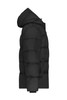 A black puffer jacket with a hood, featuring a side view showing its quilted design and zipper.