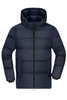 A men's puffer jacket in navy blue with a hood and zip front, featuring two side pockets and elastic cuffs.