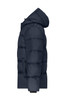 A navy puffer jacket featuring a hood, with a quilted design and a side zipper. It has a logo on the arm.