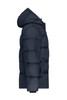A puffer jacket in navy blue with a hood, featuring a side view and a zipped pocket. It has a logo on the front.