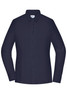A navy blue ladies' shirt with long sleeves and a button-up front, featuring a logo on the label.