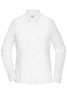 A white ladies' shirt with a button-up front and long sleeves, featuring a collar and a logo.