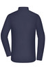 A navy blue men's shirt with long sleeves and a collar, featuring a logo on the back.